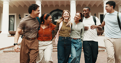Buy stock photo Friends, students and walk at campus for education, discussion and study session for knowledge. Smile, people or laugh outdoor with backpack, scholarship and group interaction for learning at college