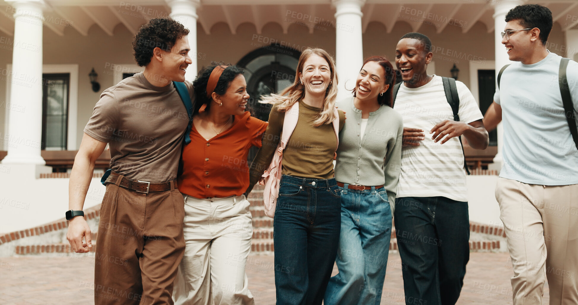 Buy stock photo Friends, students and walk at campus for education, discussion and study session for knowledge. Smile, people or laugh outdoor with backpack, scholarship and group interaction for learning at college