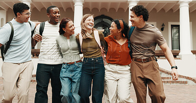 Buy stock photo Friends, laugh and hug at university with funny joke, bonding together and support higher education. Happy, people and student community outdoor on college campus with embrace, learning and humor.