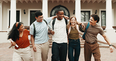 Buy stock photo Friends, laugh and embrace at college with funny joke, education and bonding together for community. Happy, people and students outdoor on university campus with hug, humor and support for learning.