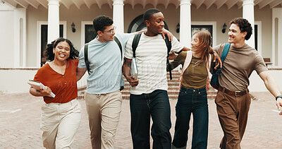 Buy stock photo People, students and walk at campus for education, discussion and study session for knowledge. Smile, friends or laugh outdoor with backpack, scholarship and group interaction for learning at college