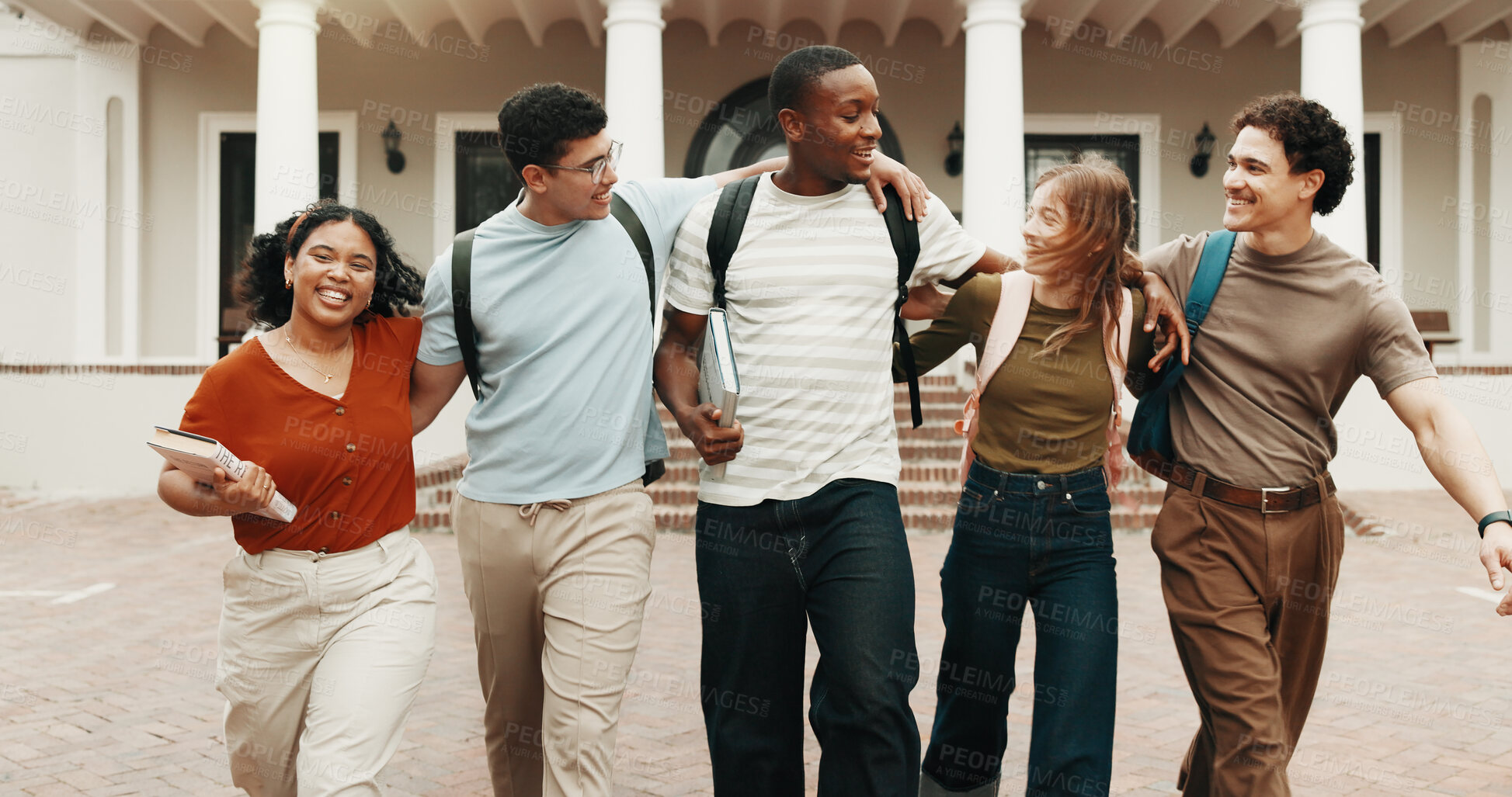 Buy stock photo People, students and walk at campus for education, discussion and study session for knowledge. Smile, friends or laugh outdoor with backpack, scholarship and group interaction for learning at college