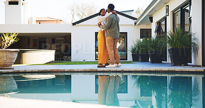 Buy stock photo Couple, dancing and happy in backyard by pool for romance, connection and care outdoor with love. Black man, woman and hug for support with rhythm, smile and bonding in relationship by water at house