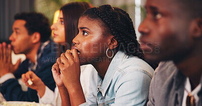 Buy stock photo Watching, sport and nervous with friends in home, worry or people with anxiety for soccer tournament. Football, fans and group with match results anticipation, gathering and streaming game in house