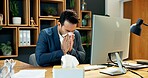 Businessman, flu and blowing nose in office with tissue, sinus infection or computer for accounting. Sick, person and toilet paper in firm with hayfever, virus symptoms or desktop for accountant job.