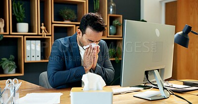 Buy stock photo Businessman, flu and blowing nose in office with tissue, sinus infection or computer for accounting. Sick, person and toilet paper in firm with hayfever, virus symptoms or desktop for accountant job.