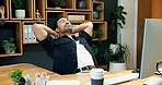 Man, relax and stretching in office with computer, software development or break from online project. Creative, person and web developer rest in digital agency with desktop, internet or connectivity.