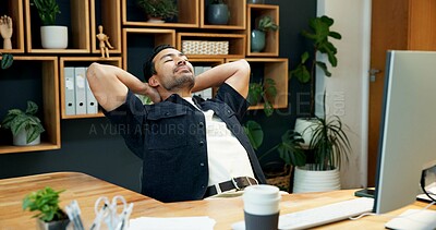 Buy stock photo Man, relax and stretching in office with computer, software development or break from online project. Creative, person and web developer rest in digital agency with desktop, internet or connectivity.