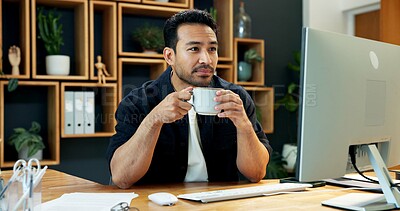 Buy stock photo Man, coffee and reading in office with computer, online research or creative thinking for blog post. Writer, person and review article in agency with desktop, warm beverage and planning for story.