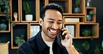 Happy, man and good news in office with phone call, hear update and business investment opportunity. Person, smile and tech in workplace with contact, positive feedback and investor communication.