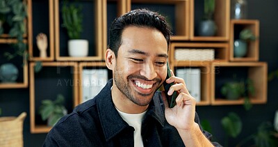 Buy stock photo Happy, man and good news in office with phone call, hear update and business investment opportunity. Person, smile and tech in workplace with contact, positive feedback and investor communication.