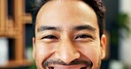 Eyes, man and vision in workplace for optical wellness, contact lenses and eyecare business. Optometry, health and happy male employee with eyesight, portrait and closeup for ocular improvement
