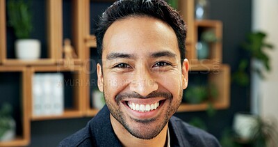 Buy stock photo Portrait, smile and creative man in agency with confidence, career development and magazine editor. Happy male person, face and professional employee in publication startup, about us and growth