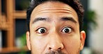 Businessman, portrait and eyes with shock in office for deadline, panic or business emergency. Surprise, man or employee staring with fear or reflex for career fight or flight response in workplace