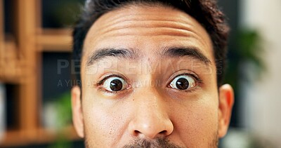 Buy stock photo Businessman, portrait and eyes with shock in office for deadline, panic or business emergency. Surprise, man or employee staring with fear or reflex for career fight or flight response in workplace