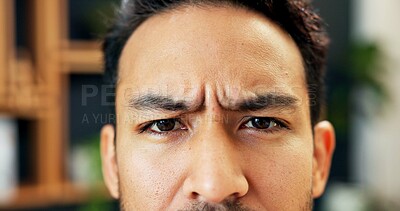 Buy stock photo Eyes, frown and man confused in office, expression or doubt with serious reaction in business. Person, question or uncertain in portrait with body language for corporate problem solving in workplace