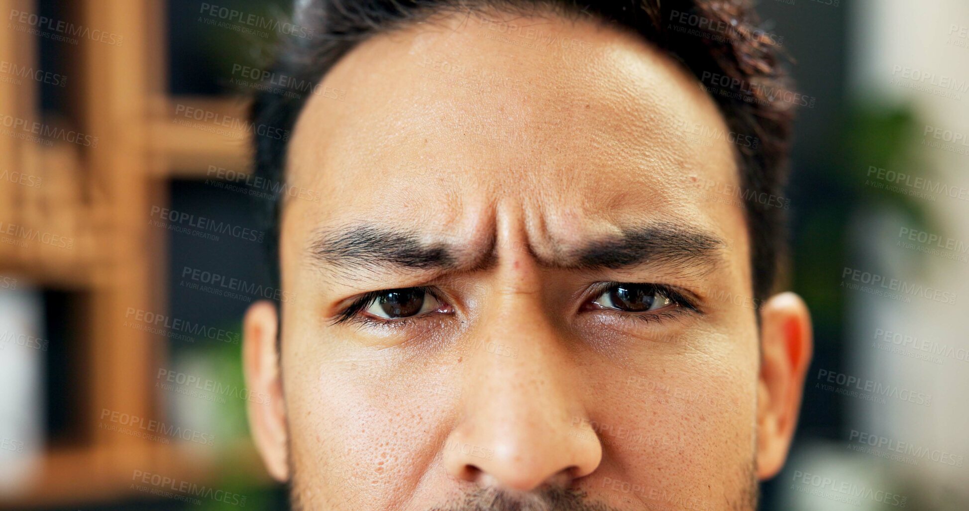Buy stock photo Eyes, frown and man confused in office, expression or doubt with serious reaction in business. Person, question or uncertain in portrait with body language for corporate problem solving in workplace