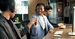 Fist bump, people and callcenter sales target with celebration, coworking and lead generation win. Team, happy woman and colleague with gesture for support, success and telemarketing workplace