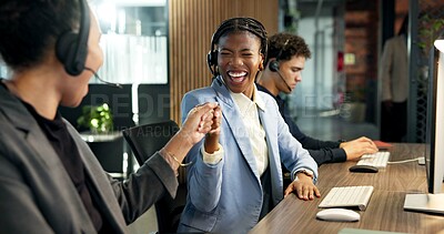 Buy stock photo Fist bump, people and callcenter sales target with celebration, coworking and lead generation win. Team, happy woman and colleague with gesture for support, success and telemarketing workplace