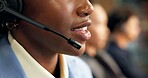 Call center, chat and happy woman with headset, mouth or consultation for lead generation in office. Telemarketing, people and consultant with smile, coworking and communication with mic in business