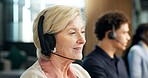 Call center, team and happy woman with headset, chat and consultation for lead generation in office. Telemarketing, people and senior consultant with smile, coworking and communication with mic