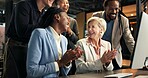 Applause, office and business people on computer for success, good news and funding approval. Team, excited and workers on pc for financial achievement, company goals and celebrate for project budget