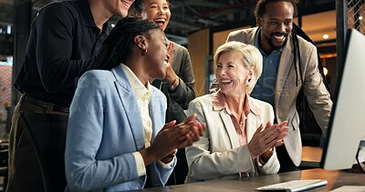 Buy stock photo Applause, office and business people on computer for success, good news and funding approval. Team, excited and workers on pc for financial achievement, company goals and celebrate for project budget