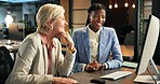 Business, women and computer at night for training, mentor and intern with overtime orientation. Happy, conversation and help with advice, guidance and online tips for working late, deadline and team