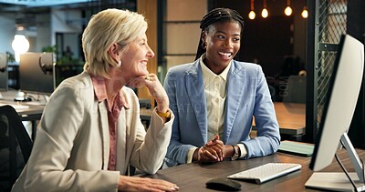 Buy stock photo Business, women and computer at night for training, mentor and intern with overtime orientation. Happy, conversation and help with advice, guidance and online tips for working late, deadline and team