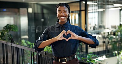Buy stock photo Business, office and black woman with heart hands for career passion, love or care in building. Portrait, female person or employee with smile, like emoji or romantic gesture for job in workplace