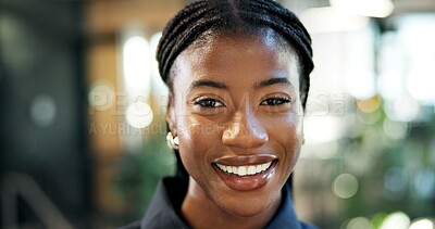 Buy stock photo Portrait, business or black woman with smile in office for career pride, empowerment or opportunity. Female person, employee or happy designer with positive attitude for company growth in workplace