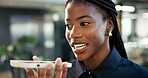Happy, business and black woman with phone speaker in office for audio message or sound app. Female person, employee or talking with smile on loudspeaker for voice note or communication in workplace