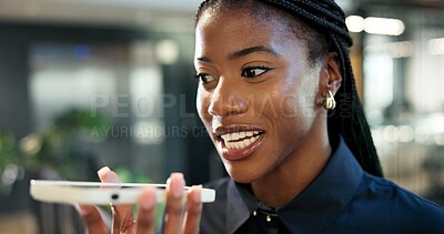 Buy stock photo Happy, business and black woman with phone speaker in office for audio message or sound app. Female person, employee or talking with smile on loudspeaker for voice note or communication in workplace