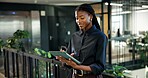 Creative, research and black woman with tablet in office for sustainable business or future. Female person, employee or eco friendly designer with technology or app for economic campaign in workplace