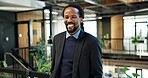 Happy, realtor or black man in corporate building for business startup or property investment. Portrait, male person or real estate owner with smile or pride for building or development in workplace