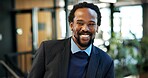Happy, realtor or black man with pride in office for business startup or property investment. Portrait, male person or corporate real estate owner with smile for building or development in workplace