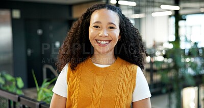 Buy stock photo Confident, portrait and woman with smile in office, public relations or ambitious for career growth. Happy, employee and person with pride for opportunity, brand management and business development