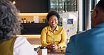Financial advisor, meeting and smile with clients in house, consultation and discussion with people. Wealth management, happy woman and consultant with tech, advice or investment opportunity in home