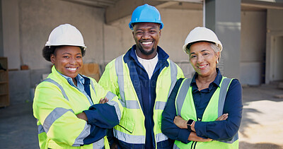 Buy stock photo People, confident or engineer team at construction site for portrait, project collaboration or smile. Women, man and arms crossed at worksite for renovation, property development and maintenance