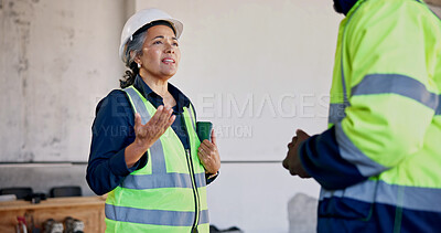 Buy stock photo Construction, angry and woman with discussion, safety violation and delay in site renovation. Serious, ppe and mature supervisor with confrontation, compliance issue and missed deadline in remodeling