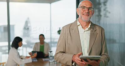 Buy stock photo Tablet, smile and portrait of man in office meeting, investment manager or leadership experience. Tech, happy mature person and financial CEO in company with ambition, authority and corporate pride