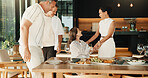 Friends, greeting and chat at dinner party in home, bonding together or social gathering on weekend. Happy mature people, reunion and conversation with meal, connection and laughing on break in house