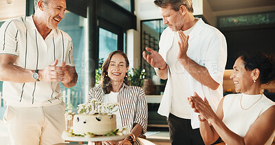 Buy stock photo Friends, clapping and laughing with birthday cake, home and gathering for event or bonding together. Party, applause and mature people with dessert, happiness and celebration on weekend in house
