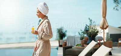 Buy stock photo Juice, hotel and woman with drink by pool for vacation, luxury getaway and holiday on weekend. Hospitality, travel and mature person with mimosa, towel and robe for tourism, relax and break at resort