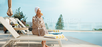 Buy stock photo Chair, hotel and woman with drink by pool for vacation, luxury getaway and holiday on weekend. Hospitality, travel and mature person with mimosa, towel and juice for tourism, relax or break at resort