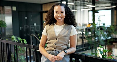 Buy stock photo About us, portrait and smile of business woman in green office for sustainability initiative. Agency, project management and satisfaction with happy employee in eco friendly workplace for development