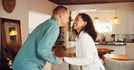 Home, couple and smile with holding hands for love, connection and bonding together with affection. Happy people, man and woman with support for commitment, trust and care in relationship in house