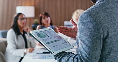 Buy stock photo Meeting, graph and man with business people, tablet screen and competitive market share for sales. Presentation, office and person on tech with chart, feedback and comparison for company revenue