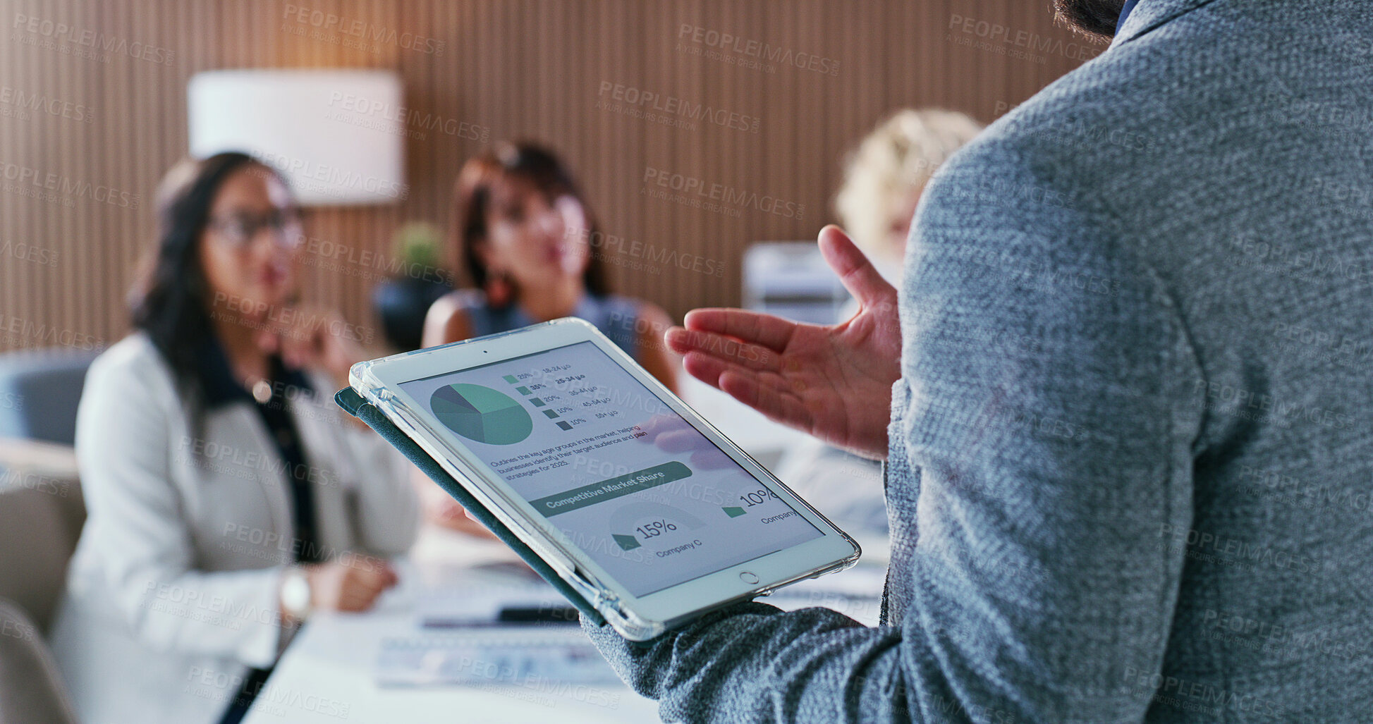 Buy stock photo Meeting, graph and man with business people, tablet screen and competitive market share for sales. Presentation, office and person on tech with chart, feedback and comparison for company revenue