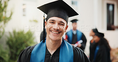 Buy stock photo Happy, portrait and man on campus for graduation, academic ceremony and success at college. Graduate, education and person at university for studying, achievement and milestone for scholarship
